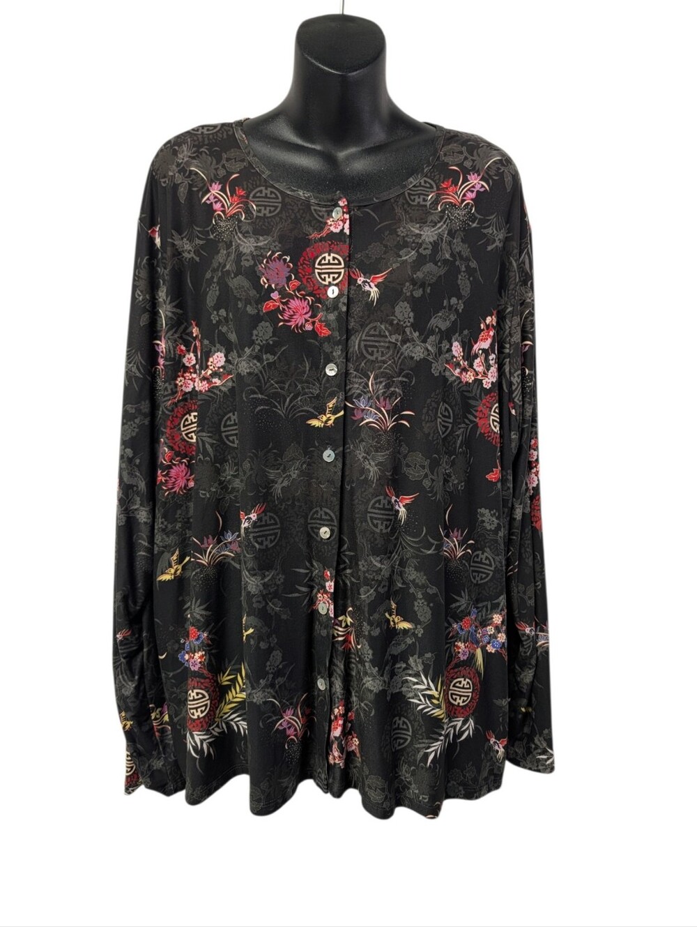 CJ Banks Womens 3X Black Floral Button-Front Knit Long Sleeve Round Neck Top